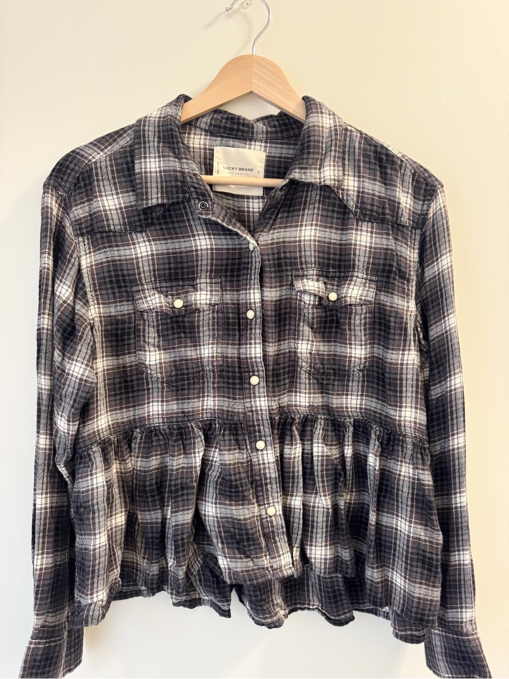 Lucky Brand Women’s' Black & White Plaid Button-Front Peplum Top - Small